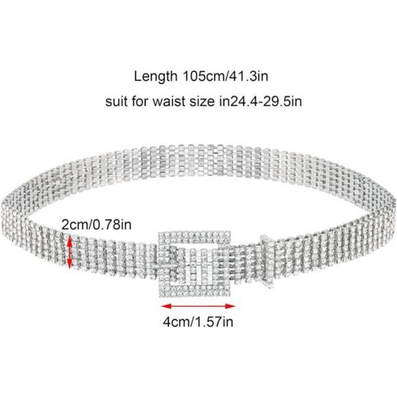 Women Rhinestone Belt Bling Crystal Shiny Waist Dress Belt Silver - Picture 2 of 8